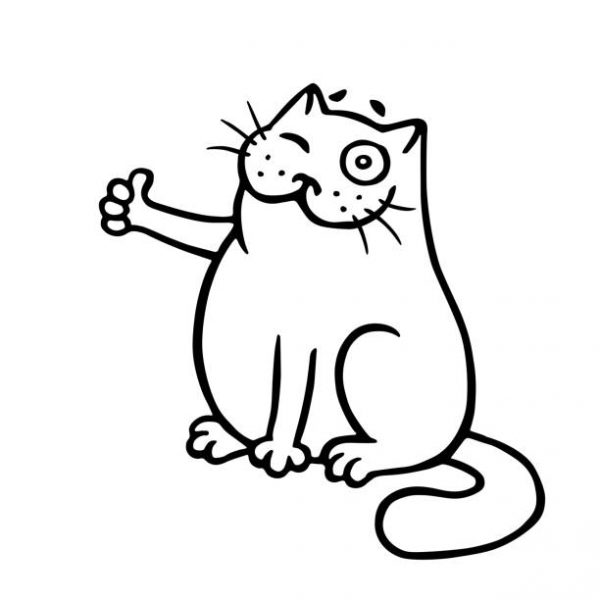 The cat approves and shows a thumbs-up. Great idea. Funny cartoon cool character. Isolated vector illustration. White color background.
